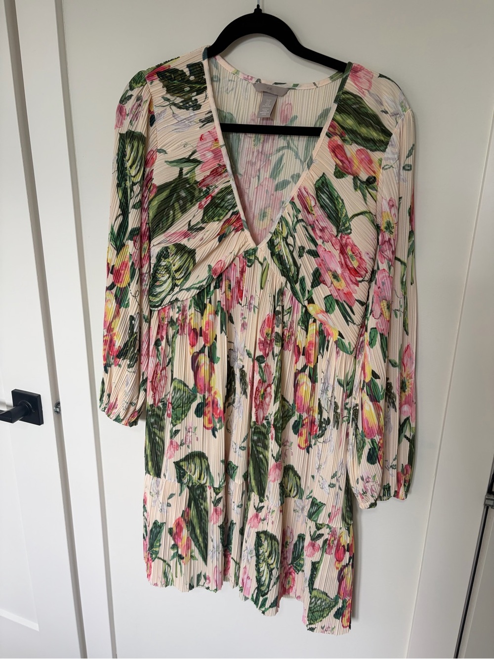 Floral V-Neck Pleated Mini Dress - Pink & Green
